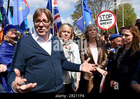 Photograph of Guy Verhofstadt at a anti-Brexit protest in London. Guy Maurice Marie Louise Verhofstadt is a Belgian politician who was the Leader of the Alliance of Liberals and Democrats for Europe from 2009 to 2019, and has been a Member of the European Parliament from Belgium since 2009. Stock Photo