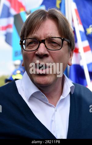 Photograph of Guy Verhofstadt at a anti-Brexit protest in London. Guy Maurice Marie Louise Verhofstadt is a Belgian politician who was the Leader of the Alliance of Liberals and Democrats for Europe from 2009 to 2019, and has been a Member of the European Parliament from Belgium since 2009. Stock Photo