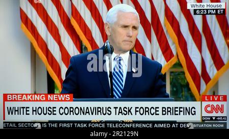 A screengrab from CNN as the US vice president Mike Pence addresses journalists amid the COVID-19 coronavirus pandemic [Wednesday 15/04/2020]. Stock Photo