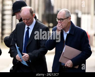 Photograph of Chris Whitty, the UK government's Chief Medical Officer, and Sir Patrick Vallance, Government Chief Scientific Adviser and Head of the Government Science and Engineering, outside Number 10 Downing Street, London ahead of an emergency COBRA meeting as the concern over the coronavirus COVID-19 outbreak grows. Stock Photo