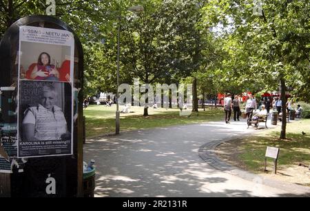 Photograph of a poster of one of the missing near Euston Station following London's terror attack. Neetu Jain, 37, of Hendon, London, UK. The 7th July 2005 London bombings, often referred to as 7/7, were a series of coordinated Islamist terrorist suicide attacks in London, England, that targeted commuters travelling on the city's public transport system during the morning rush hour. Stock Photo