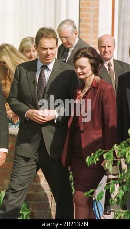 Photograph of Tony Blair with his wife Cherie Blair attending an event in Empress Avenue, Ilford, Essex, where he unveiled a memorial for the murdered Ilford police officer Phillip Walters who died in 1995. Stock Photo