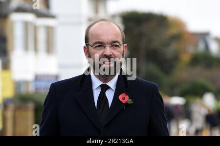 Remembrance Day ceremony at the Southend Cenotaph on Clifftown Parade, Southend-on-Sea, Essex, England, during the Covid-19 Coronavirus Pandemic. November, 2021. Stock Photo