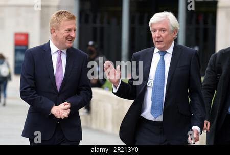 Tony Hall, pictured outside the National Gallery in London with Culture Secretary Oliver Dowden on Monday 17th May 2021, just days before he resigned as chairman amid the controversy over a BBC Panorama interview with Diana, Princess of Wales, in 1995. The BBC's former director general was severely criticised in Lord Dyson's report for overseeing a flawed and 'woefully ineffective' internal investigation into how Martin Bashir obtained the interview. Stock Photo