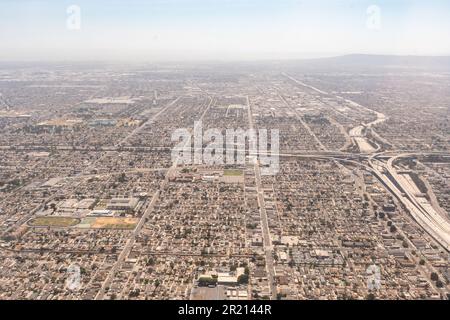 Aerial view of the I-105 in Southern California as it leads into the I-105 and I-110 interchange. Stock Photo