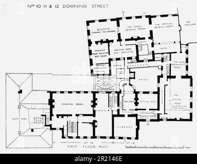 Floor plan of 10 Downing Street in London, the official residence and executive office of the British prime minister. It is the headquarters of the Government of the United Kingdom. Situated in Downing Street in the City of Westminster, London, Number 10 is over 300 years old and contains approximately 100 rooms. A private residence for the prime minister's use occupies the third floor and there is a kitchen in the basement. The other floors contain offices and conference, reception, sitting and dining rooms. Stock Photo