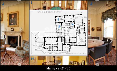 Floor plan of 10 Downing Street in London, the official residence and executive office of the British prime minister. it is the headquarters of the Government of the United Kingdom. Situated in Downing Street in the City of Westminster, London, Number 10 is over 300 years old and contains approximately 100 rooms. A private residence for the prime minister's use occupies the third floor and there is a kitchen in the basement. The other floors contain offices and conference, reception, sitting and dining rooms. Stock Photo