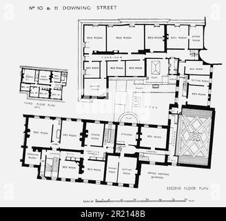 Floor plan of 10 Downing Street in London, the official residence and executive office of the British prime minister. it is the headquarters of the Government of the United Kingdom. Situated in Downing Street in the City of Westminster, London, Number 10 is over 300 years old and contains approximately 100 rooms. A private residence for the prime minister's use occupies the third floor and there is a kitchen in the basement. The other floors contain offices and conference, reception, sitting and dining rooms. Stock Photo