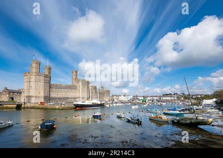 Caernarfon Castle and harbour on the river Seiont, Gwynedd, North Wales Stock Photo