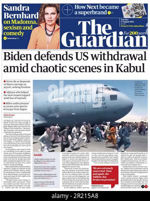 Guardian newspaper Headline (British), Evacuation from Afghanistan. 17th August 2021. Large-scale evacuations of foreign citizens and some vulnerable Afghan citizens took place amid the withdrawal of US and NATO forces at the end of the 2001-2021 war in Afghanistan. The Taliban took control of Kabul and declared victory on 15 August 2021, and the NATO-backed Islamic Republic of Afghanistan collapsed. With the Taliban controlling the whole city except Hamid Karzai International Airport, Stock Photo