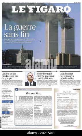 Le Figaro newspaper Headline (France), 12th September 2021, anniversary of 9/11 and the ongoing takeover of Afghanistan by the Taliban. Large-scale evacuations of foreign citizens and some vulnerable Afghan citizens took place amid the withdrawal of US and NATO forces at the end of the 2001-2021 war in Afghanistan. The Taliban took control of Kabul and declared victory on 15 August 2021, and the NATO-backed Islamic Republic of Afghanistan collapsed. With the Taliban controlling the whole city except Hamid Karzai International Airport, Stock Photo