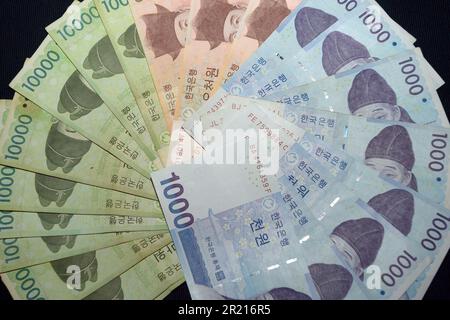 The Korean won. The South Korean won, officially the Korean Republic won is the official currency of South Korea. A single won is divided into 100 jeon, the monetary subunit. The jeon is no longer used for everyday transactions, and it appears only in foreign exchange rates. Stock Photo