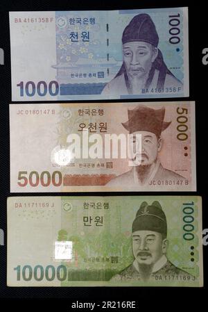 The Korean won. The South Korean won, officially the Korean Republic won is the official currency of South Korea. A single won is divided into 100 jeon, the monetary subunit. The jeon is no longer used for everyday transactions, and it appears only in foreign exchange rates. Stock Photo