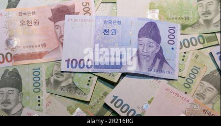 The Korean won. The South Korean won, officially the Korean Republic won is the official currency of South Korea. A single won is divided into 100 jeon, the monetary subunit. The jeon is no longer used for everyday transactions, and it appears only in foreign exchange rates. Stock Photo