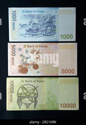 The Korean won. The South Korean won, officially the Korean Republic won is the official currency of South Korea. A single won is divided into 100 jeon, the monetary subunit. The jeon is no longer used for everyday transactions, and it appears only in foreign exchange rates. Stock Photo