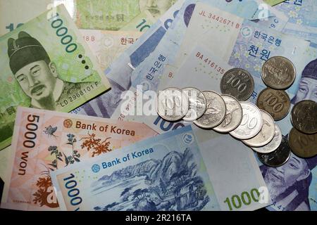 The Korean won. The South Korean won, officially the Korean Republic won is the official currency of South Korea. A single won is divided into 100 jeon, the monetary subunit. The jeon is no longer used for everyday transactions, and it appears only in foreign exchange rates. Stock Photo