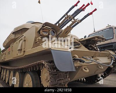 ZSU-23/4 Shilka-M Russian-made armored anti-aircraft system displayed at the 9th edition of the International Defence Technology Exhibition, SITDEF, 2023, in the Headquarters of the Peruvian Army. The event is held from May 18th to 21th with the presence of representatives from 28 countries Stock Photo