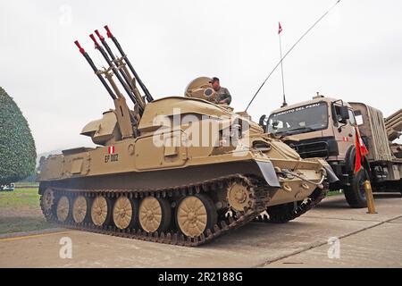 ZSU-23/4 Shilka-M Russian-made armored anti-aircraft system displayed at the 9th edition of the International Defence Technology Exhibition, SITDEF, 2023, in the Headquarters of the Peruvian Army. The event is held from May 18th to 21th with the presence of representatives from 28 countries Stock Photo