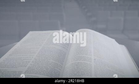 Graphic resource announcement template sign for group service gathering of open Bible page in front of church worship service Stock Photo