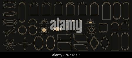 Set of minimalistic linear arch frames in trendy modern minimalist Y2k aesthetic style. Abstract vector design outline elements - sun, moon, star Stock Vector