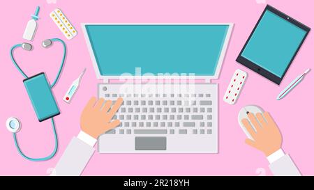 Vector man doctor working his hands in the workplace in the office with a laptop smartphone tablet top view, flat lay. Concept: Digital modern smart I Stock Vector
