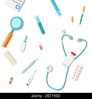 Vector illustration set of medical objects drugs drugs flasks stethoscopes microscopes tablets thermometers medical equipment scientific. Concept: hea Stock Vector