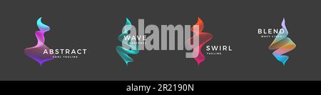 Abstract Vector Blend Wavy Logo Templates Set. Elegant Curved Signs with Holographic Brutalism Style Gradient and Typography Isolated Stock Vector