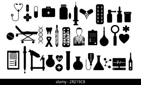 A large simple set of items on medical subjects, pills and tools of a doctor thermometers syringes flasks flasks medication on a white background. Vec Stock Vector