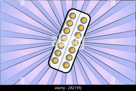 Medical pharmacological yellow round medicines, blister for pills and pills for health care on abstract blue rays background. Vector illustration. Stock Vector