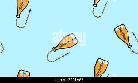 Seamless pattern texture of endless repeating medical yellow droppers with needle and catheter in hospital on blue background. Vector illustration. Stock Vector