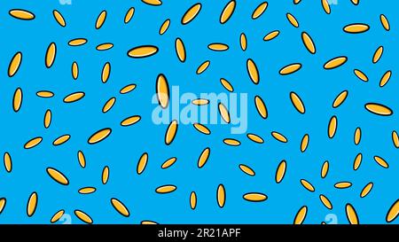 Seamless pattern texture of oval yellow medical pharmaceutical pills capsules capsules with vitamins drugs fish oil omega-3 on a blue background. Vect Stock Vector