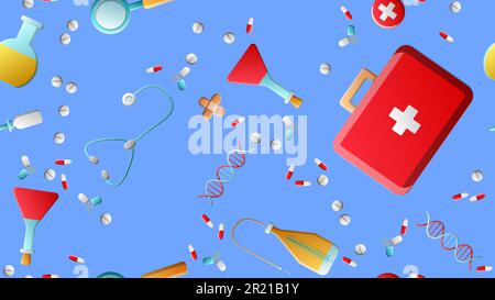Endless seamless pattern of medical scientific medical items icons jars with pills capsules first aid kits and stethoscopes on a blue background. Vect Stock Vector