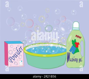 Illustration of hand washing clothes. Soap bubbles come out of the wash basin Stock Vector