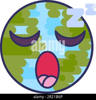 Planet sleeping expression cute funny emoji vector. Earth sphere face with closed eyes and open mouth. Sleep, dreamy and tired smile emotion. Dream em Stock Vector