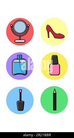 A set of six round icons for the actual with fashion items from the beauty industry cosmetic mirror women shoe perfume nail polish eye liner on a whit Stock Vector