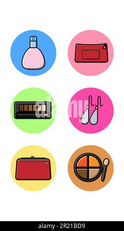 A set of six round icons for trendy with fashion items from the beauty industry perfume cosmetic bag clutch bag powder box earrings on a white backgro Stock Vector