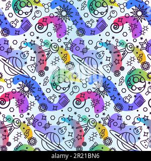 Space universe science seamless pattern vector. Saturn and jupiter planets, satellite and stars, laboratory flask for researching chemical liquid and Stock Vector