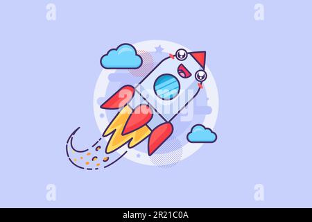 Happy rocket launch and fly in sky scape vector. Cute smiling spaceship flying in space around earth planet, innovation technology. Development and ad Stock Vector