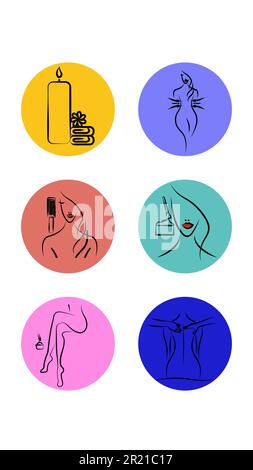 A set of six round icons for topical for a spa beauty salon slimming makeup cosmetology relaxation depilation on a white background. Vector illustrati Stock Vector