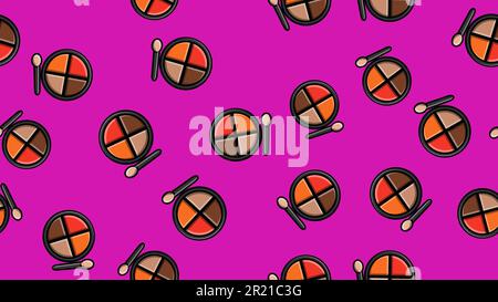 Endless seamless pattern of beautiful beauty cosmetic items of female fashionable powder boxes with shadows for applying makeup on a purple background Stock Vector