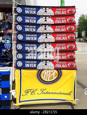 Milan, Italy, May 16th 2023: Inter and Milan Euroderby flags prior to the UEFA Champions League Semifinal football match between Inter and Milan at Stadio San Siro in Milan, Italy. (Daniela Porcelli/SPP) Credit: SPP Sport Press Photo. /Alamy Live News Stock Photo