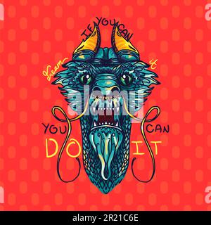 If you can dream do it inspiration text vector. Inspirational phrase for dreaming and enjoying decorated chinese dragon head. Positive message with fa Stock Vector