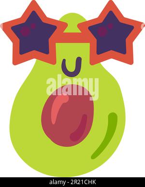 Avocado plant emoji funny happy expression vector. Smiling blissful and joyful vitamin food face in style sunglasses in star shape. Comic lucky nutrit Stock Vector