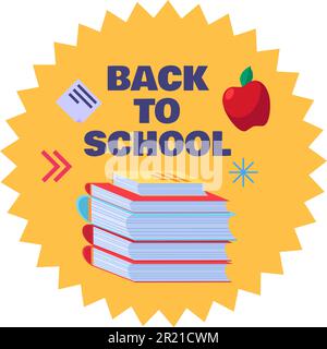 Back to school for studying subject lesson vector. Heap of educational book literature and notebook, apple fruit for eating on break and letter paper Stock Vector