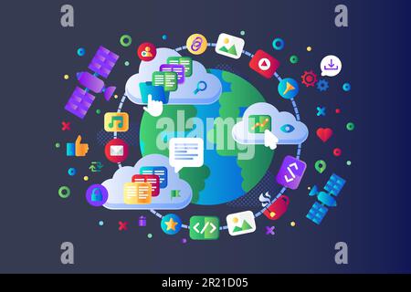 Global data social network 5G internet vector flat design. Worldwide wi-fi internet satellite navigation system moving on Earth orbit, cloud storage s Stock Vector