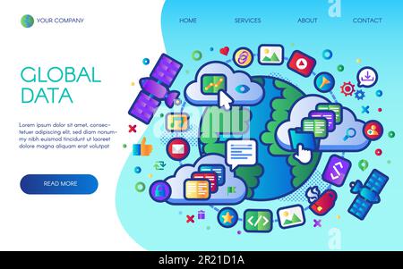 Global data social network landing page vector flat design. Worldwide 5G wi-fi internet satellite navigation system moving on Earth orbit, cloud stora Stock Vector