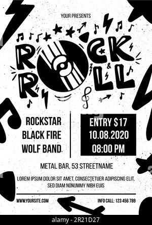 Rock and roll advertising monochrome poster vector. Rock n roll show announcement vintage banner, music label, heavy metal band show invitation flyer, Stock Vector