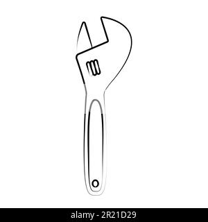 Construction black-and-white icon of a metal adjustable wrench with an adjustable diameter designed to loosen and tighten the bolts and nuts. Construc Stock Vector