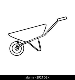 Construction black-and-white icon of a manual one-wheeled trolley with one wheel designed for carrying heavy loads, building materials for repair. Con Stock Vector