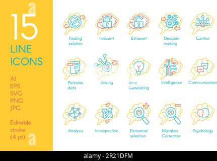 Brain mind function collection icon set vector. Solving and finding solution, introvert and extrovert, generating idea and making decision, analysis a Stock Vector